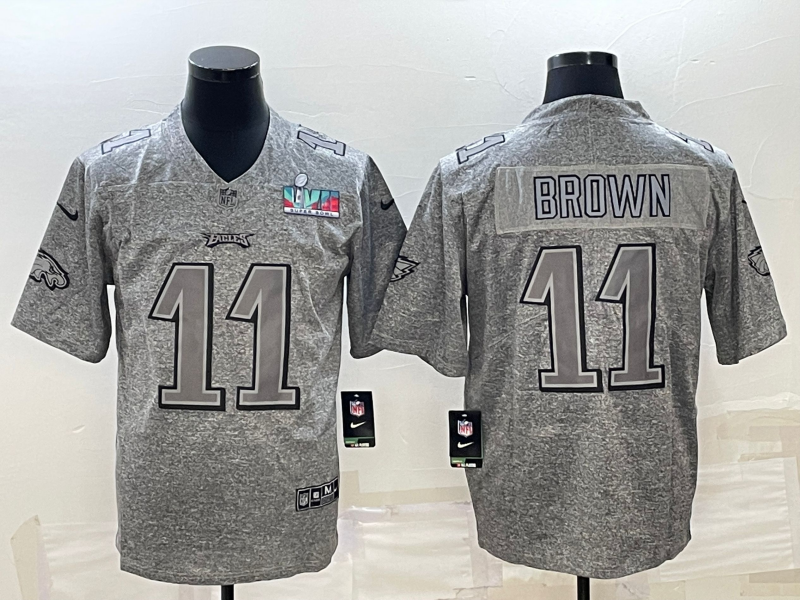 Men's GreyPhiladelphia Eagles #11 A. J. Brown Super Bowl LVII Patch Stitched Jersey
